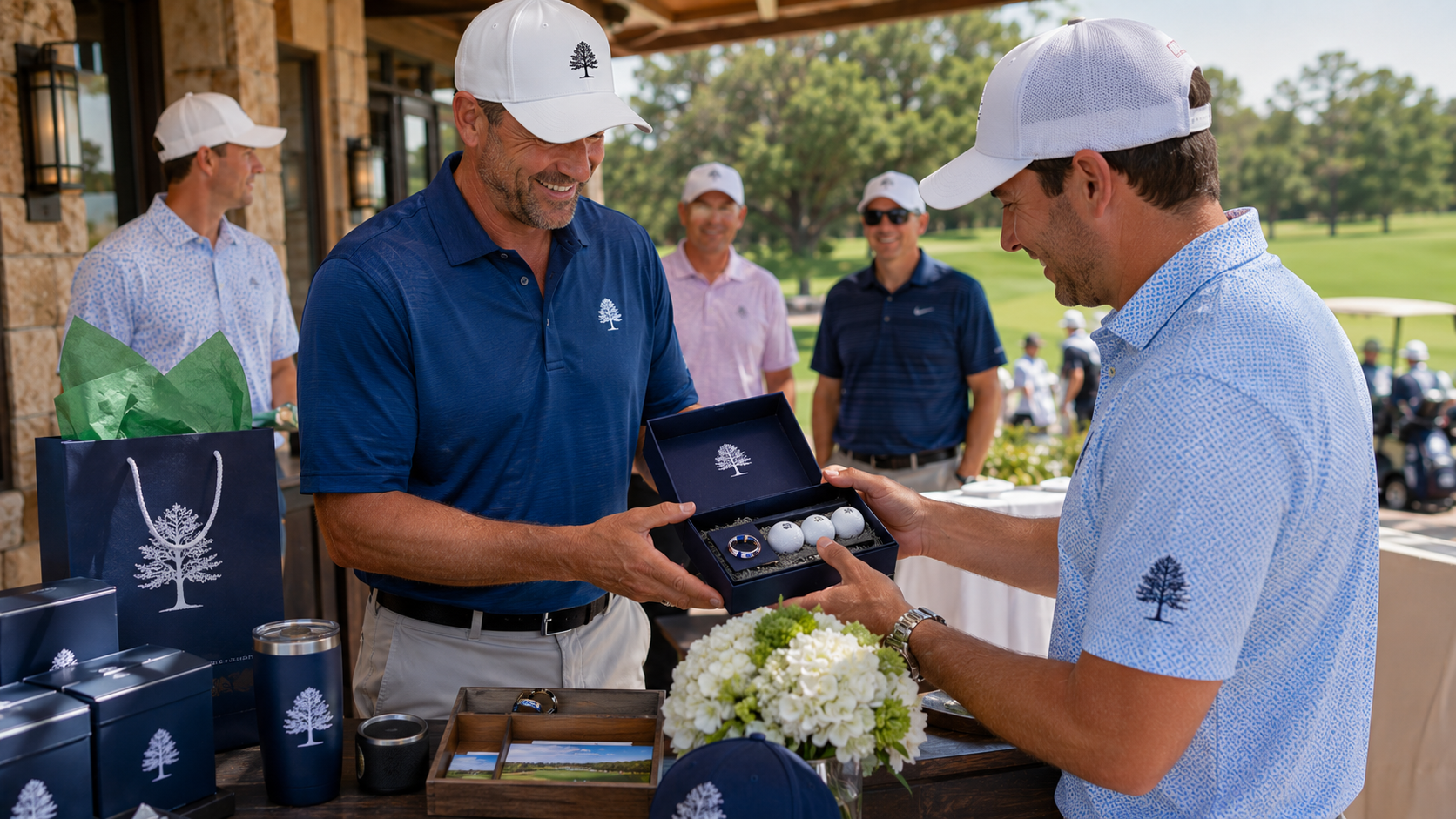 Golf tournament participant receiving a premium branded gift set at a country club event.