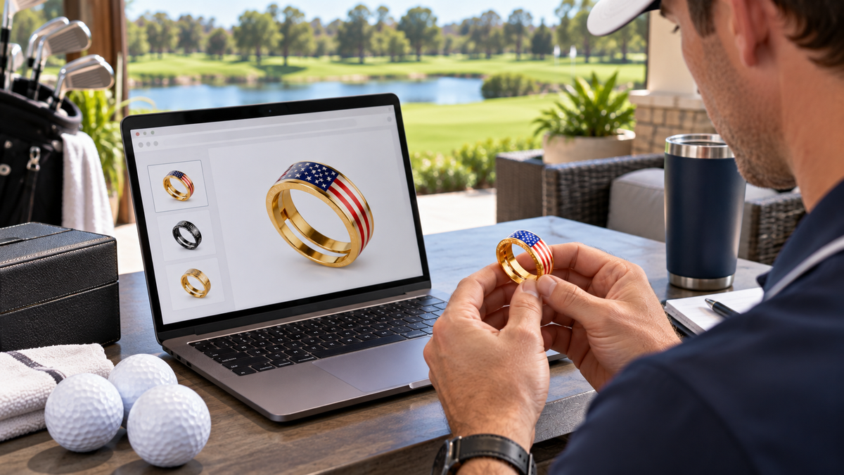 Golfer holding an American flag golf ring while viewing Ringline Golf rings on a laptop.