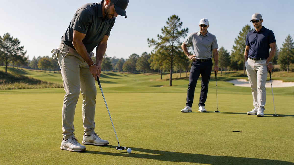 Golfer practicing putts while two playing partners observe on the practice green.