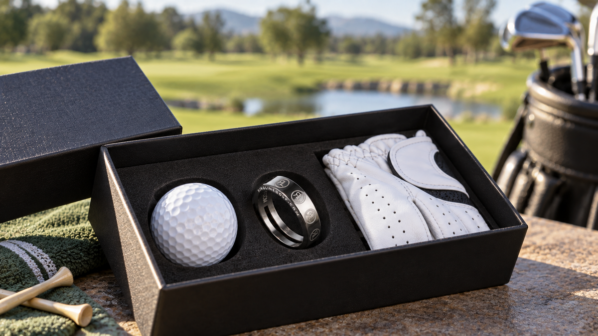 Black golf ring with a golf ball and white glove in a presentation box.