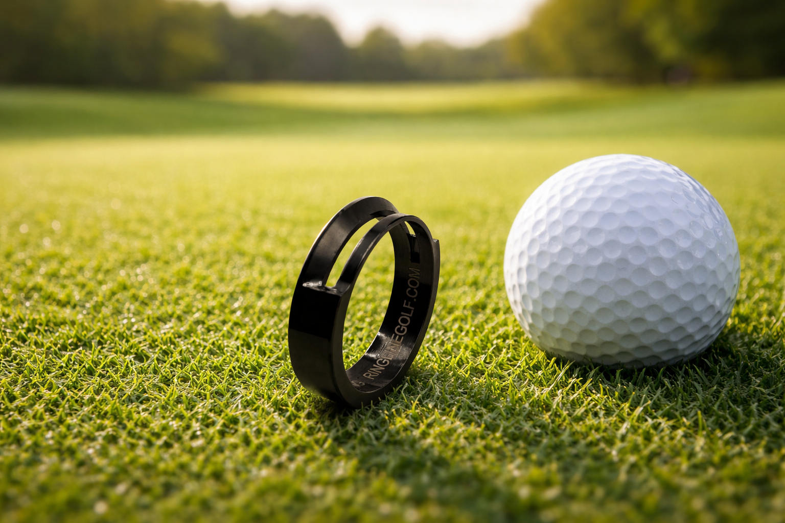 Black steel golf ball alignment ring positioned next to a golf ball on a green.