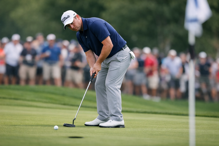 Golfer putting under pressure during a competitive tournament with crowd in background