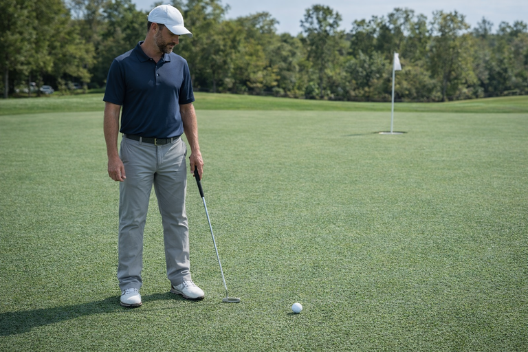 Golfer standing over a putt on the green focusing on proper ball alignment before putting