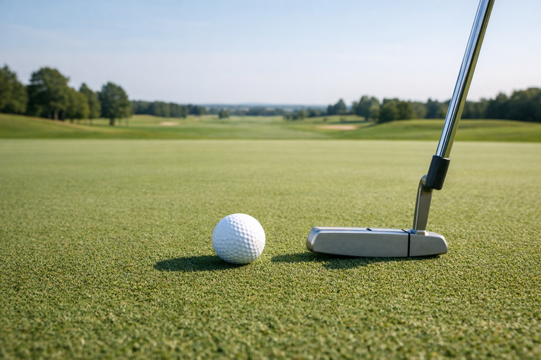 Golf putter addressed behind a ball on a clean, manicured putting green