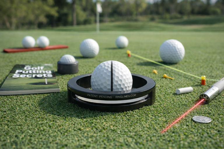 Putting accuracy tools including ball markers, laser guides, and training aids on a green