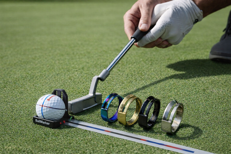 Golfer practices putting setup using ball alignment tools and guides