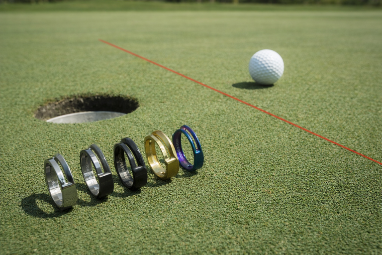 Ringline Golf putting training rings placed near the hole showing visual aim guidance on the green