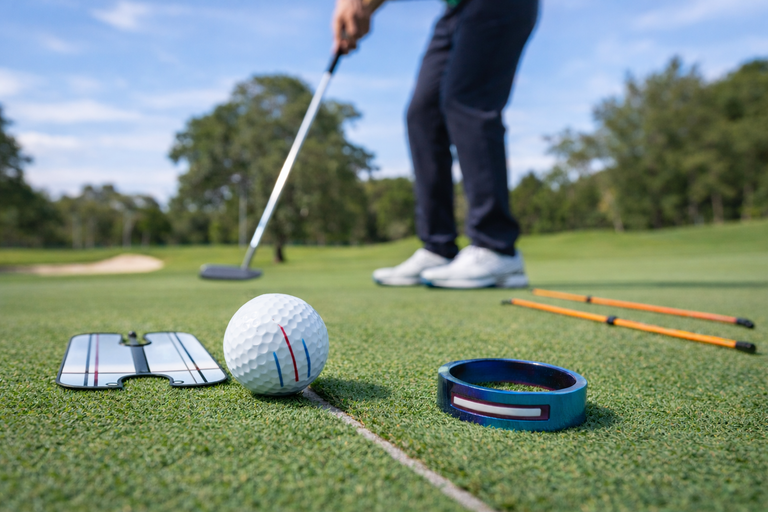 Golf putting setup with precision golf tools including alignment sticks and putting aids