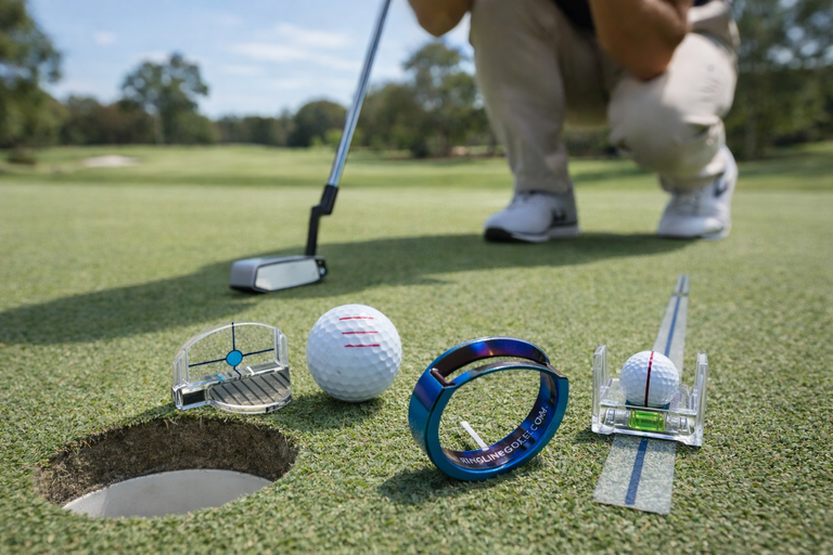 Golf alignment tools and training aids set up around the hole on a putting green