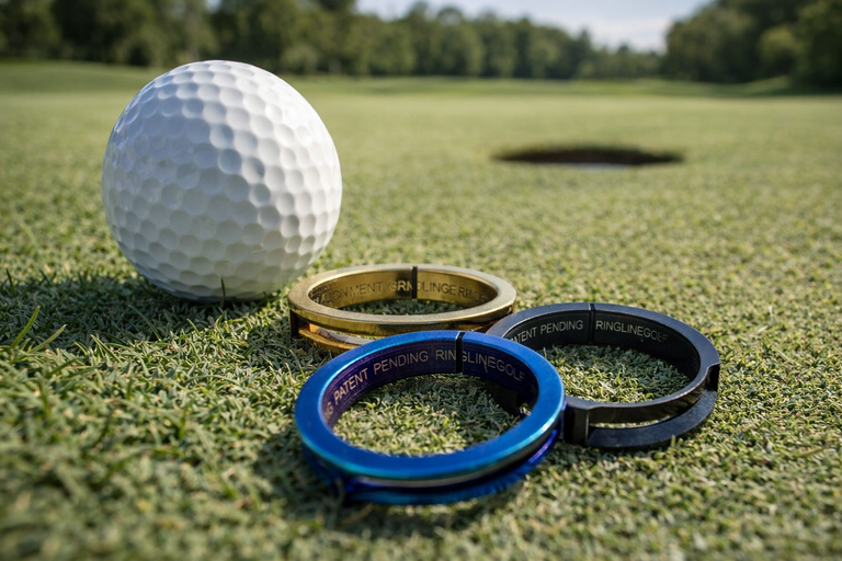 Ball alignment rings in multiple colors placed next to a golf ball near the hole