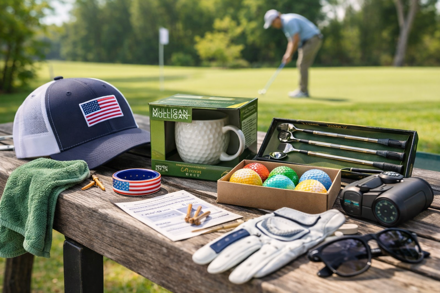 Golf alignment tools displayed in front of wrapped gift boxes for golf gifts