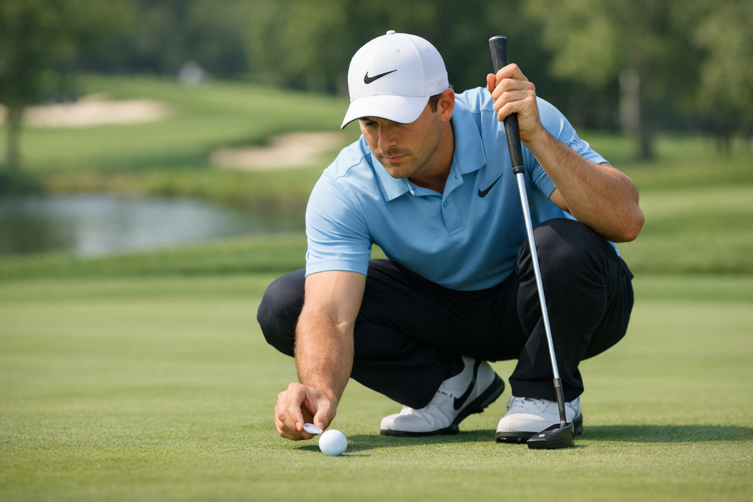 Golfer crouching to read putt while placing ball marker on green