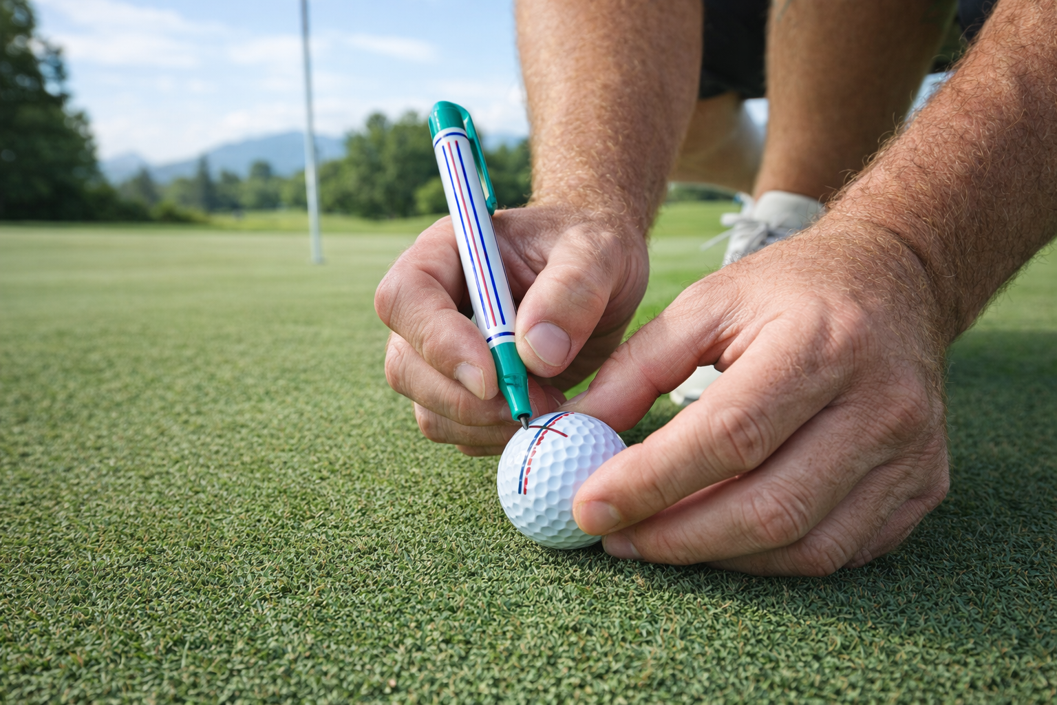 Golfer drawing alignment lines on a golf ball with a marker on the green