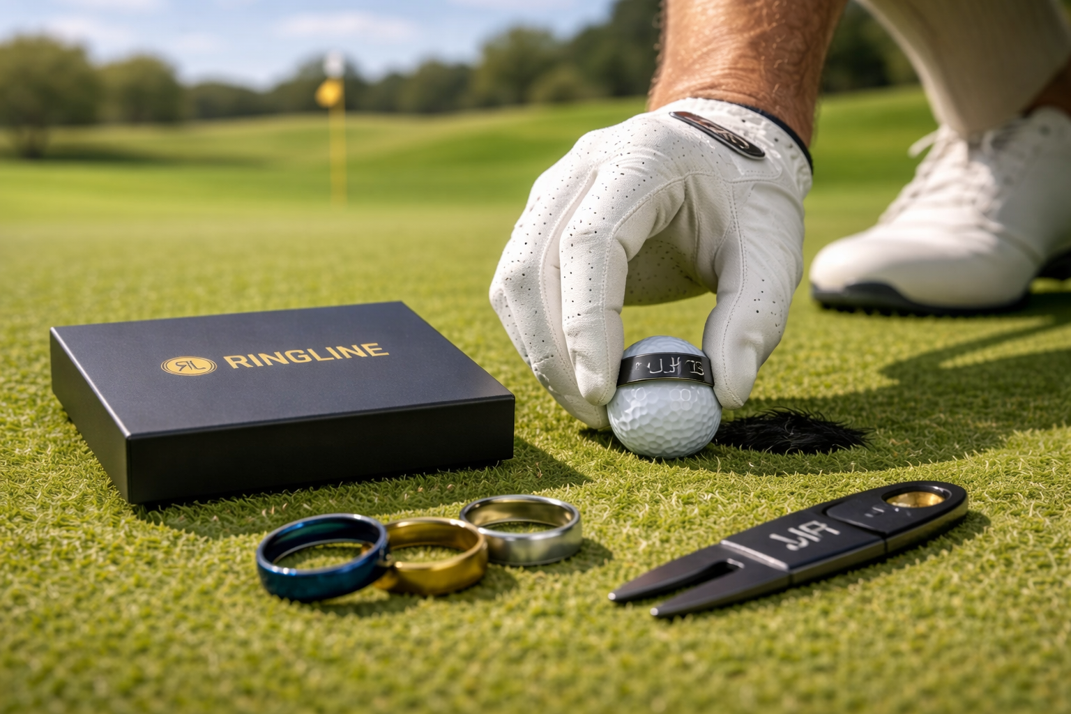 RingLine golf ball alignment tool placed next to ball on putting green