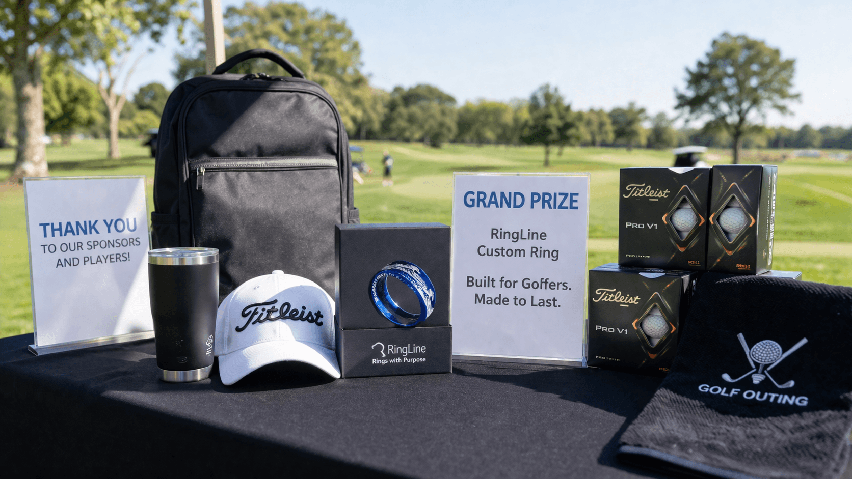 A golf event prize table featuring a RingLine custom ring alongside golf balls, apparel, and accessories, showcasing premium outing rewards.
