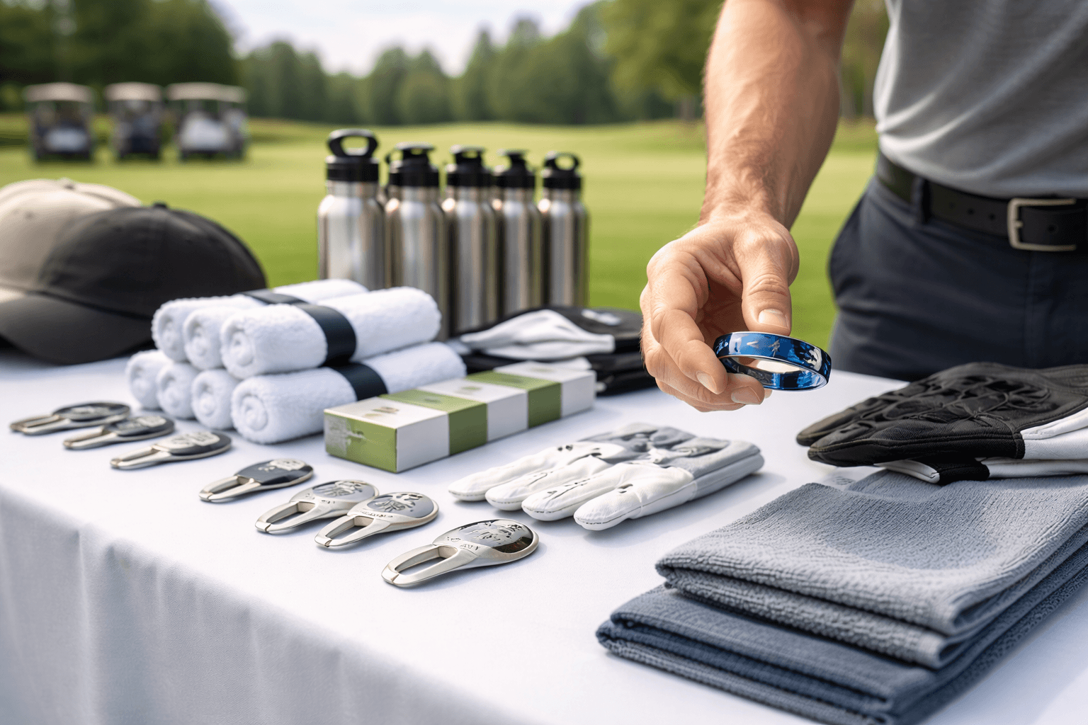 A display of golf swag items including towels, bottles, gloves, and a featured RingLine ring, representing practical and memorable event giveaways.