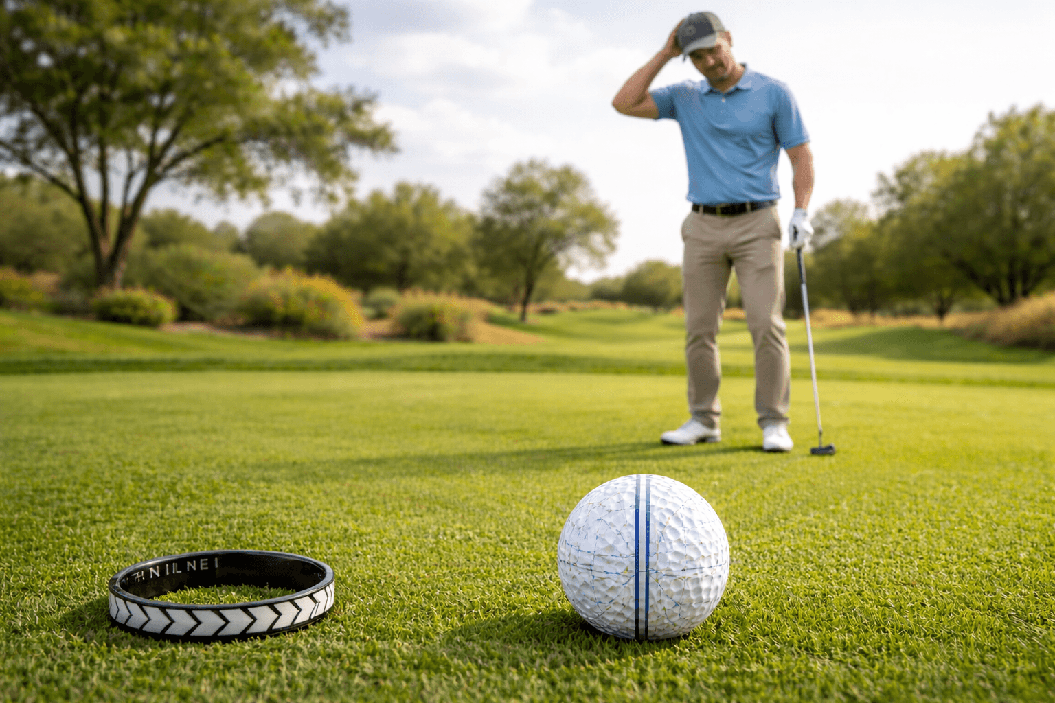 A golfer hesitates on the green, illustrating the challenge of reading putts and committing to a line.