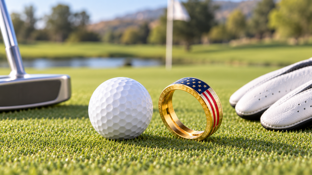 Gold American flag golf ring displayed beside a golf ball on the putting green.