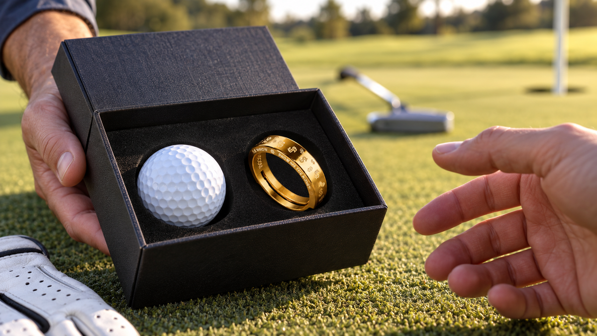 Gold golf ring and golf ball presented together in a black gift box.