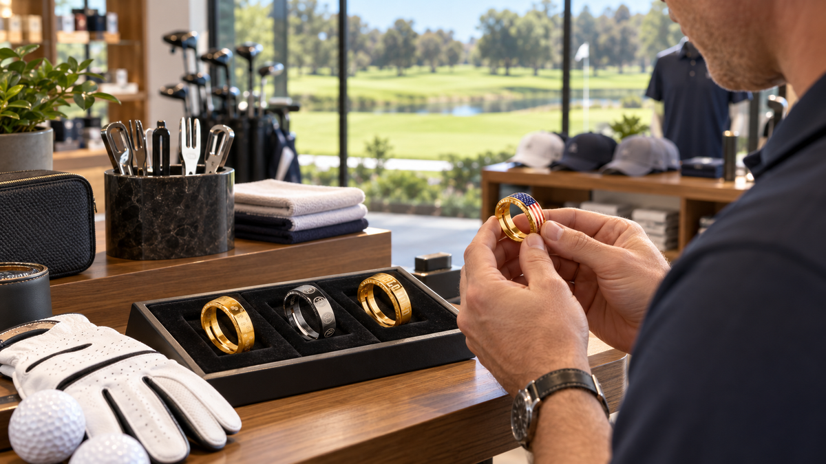 Golfer inspecting a gold American flag golf ring inside a golf pro shop.
