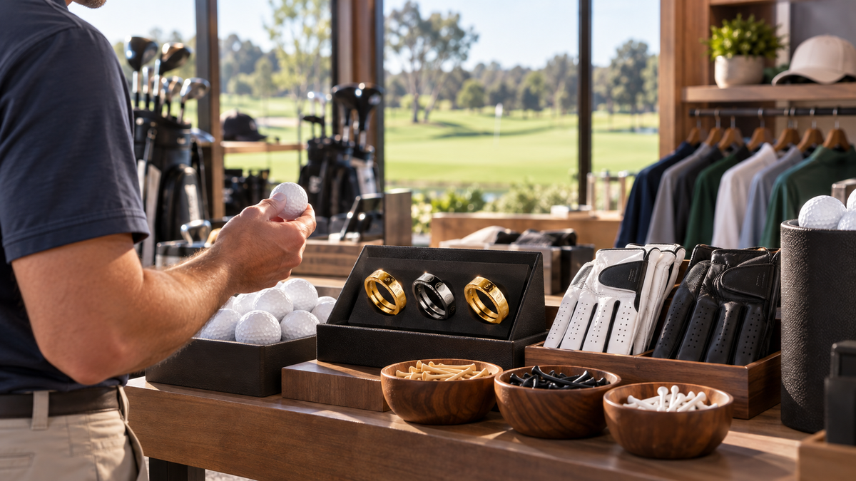Gold and black golf rings displayed with gloves, golf balls, and tees in a pro shop.