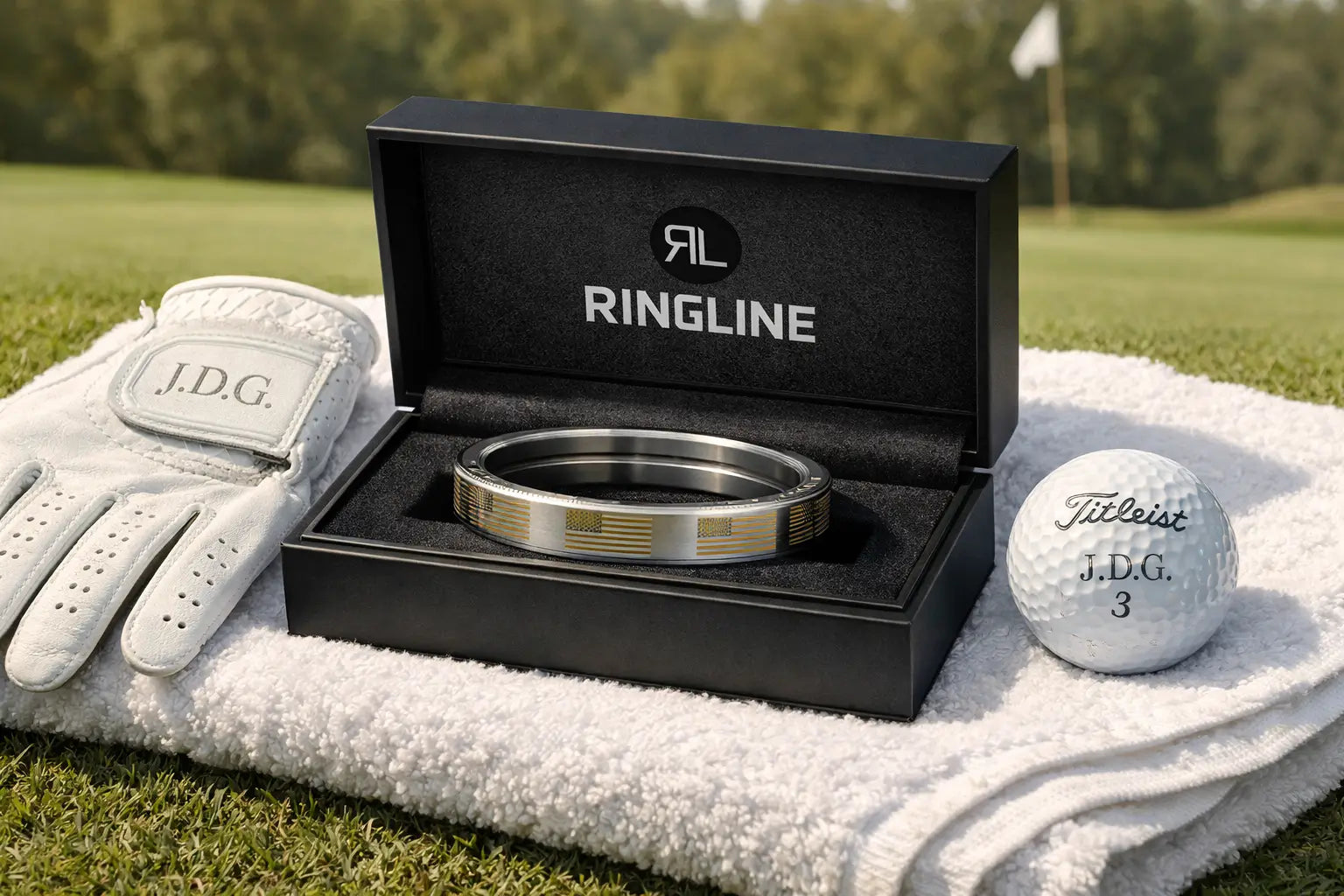 Personalized RingLine golf alignment tool in a premium gift box with engraved golf ball and glove.