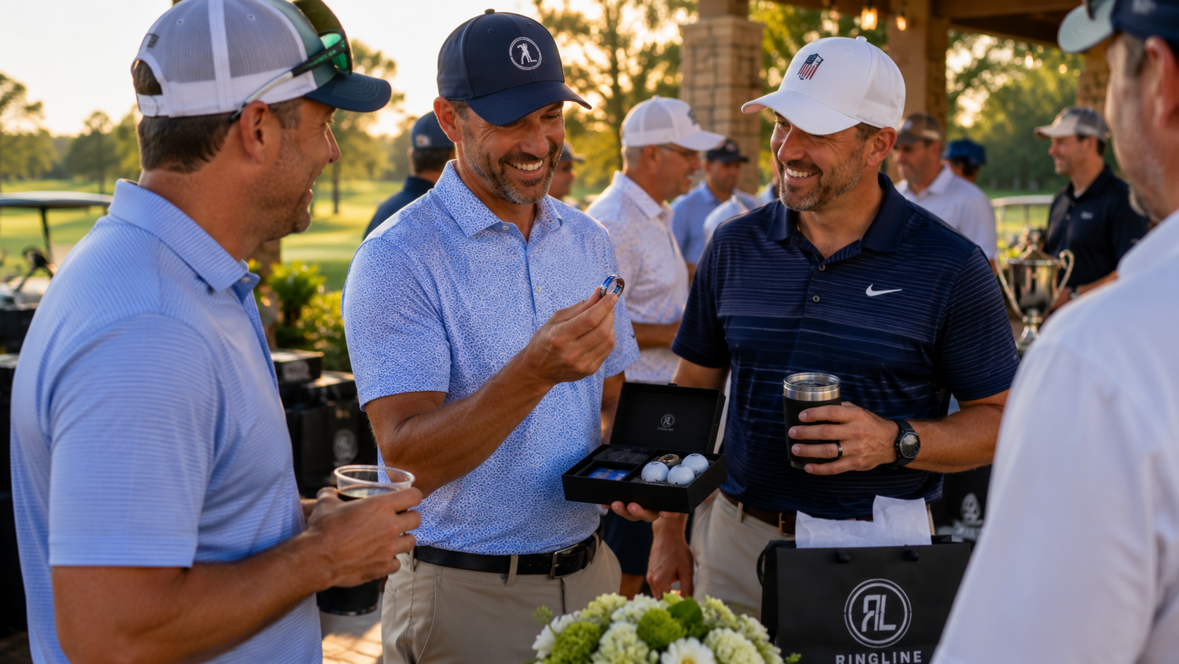 Golf tournament participants discussing premium gift items during a clubhouse gathering.