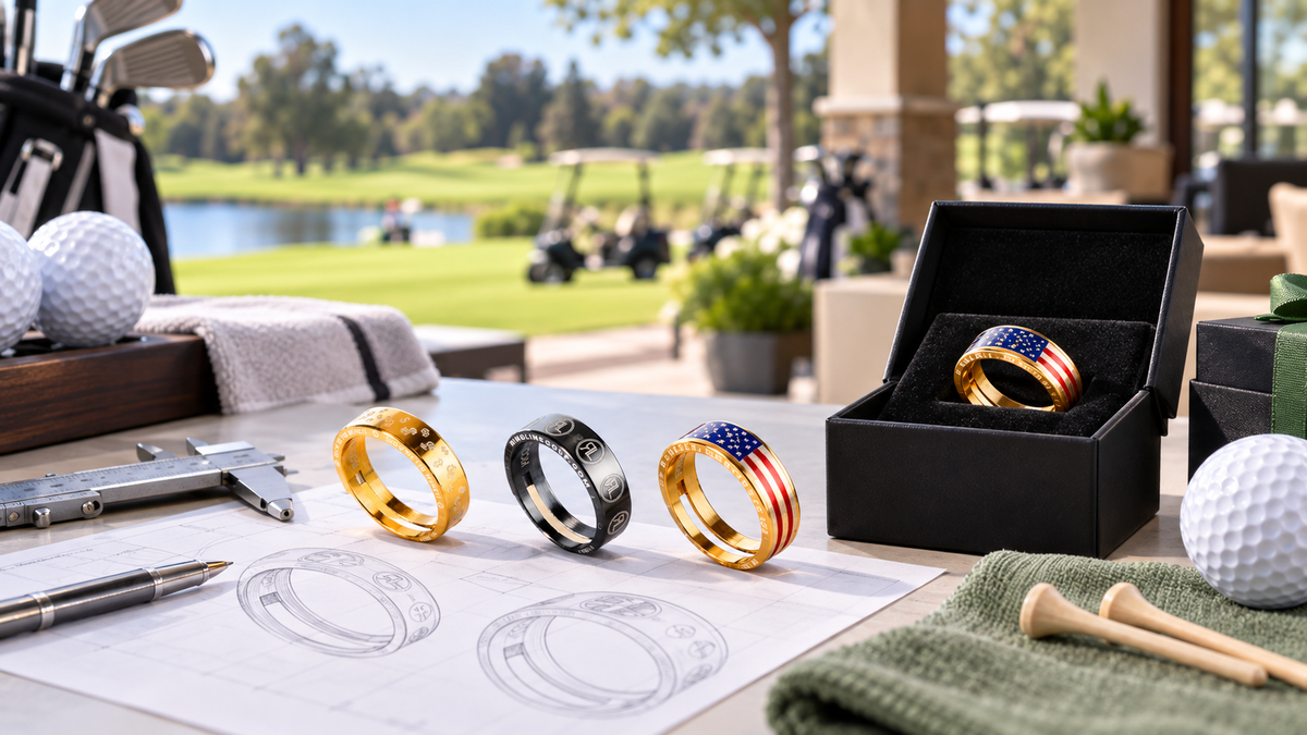 Gold, black, and American flag golf rings displayed with design sketches.