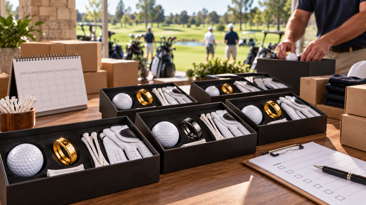 Golf gift sets with rings, golf balls, gloves, and tees being prepared for packaging.