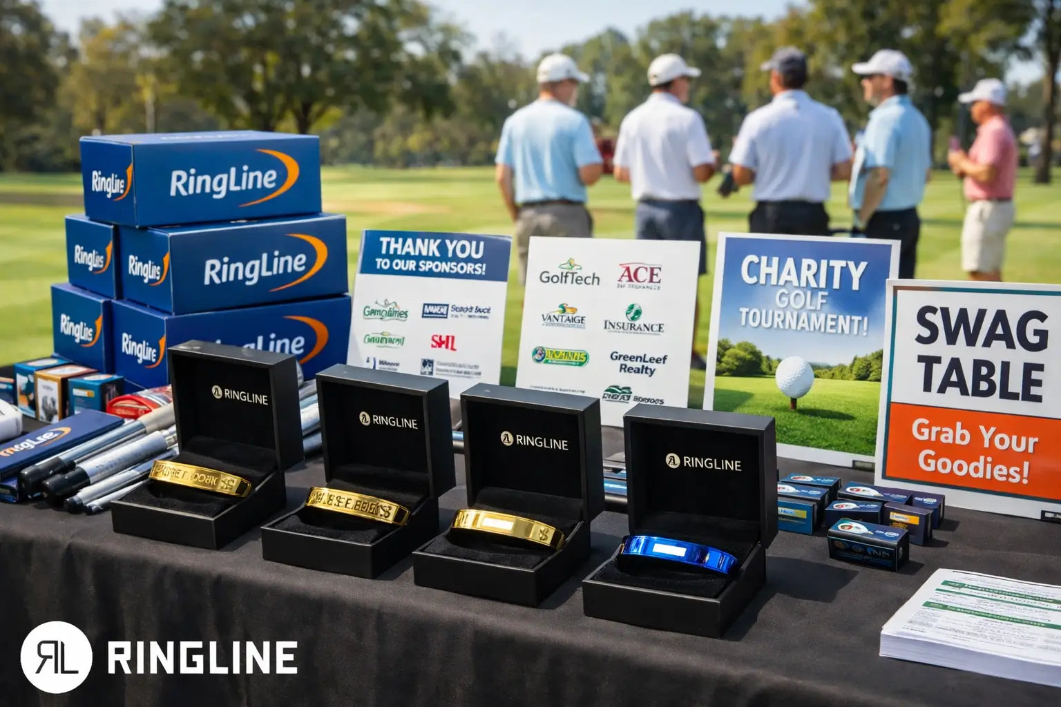RingLine products displayed on a charity golf tournament swag table with sponsor signage.