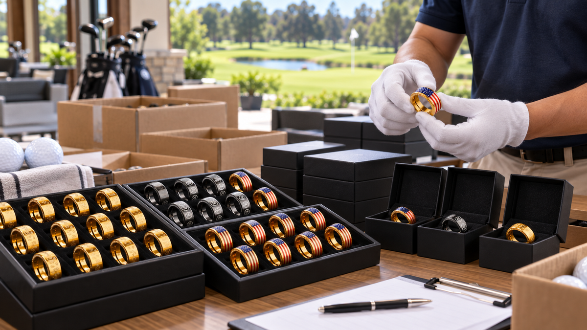 Golf rings arranged in trays and gift boxes during product packaging.