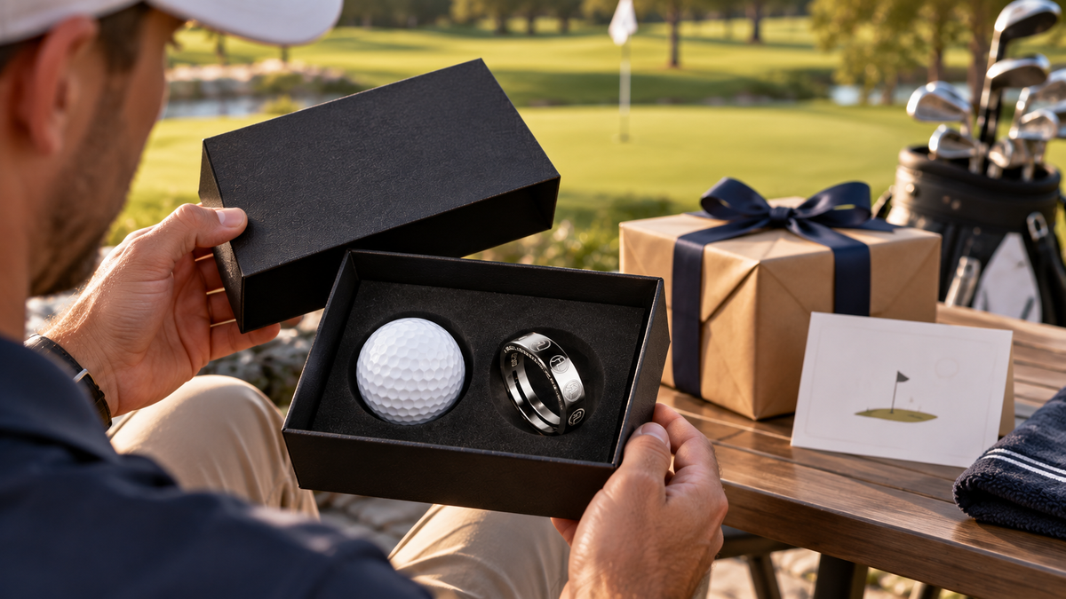 Golfer opening a black gift box containing a golf ball and black golf ring.